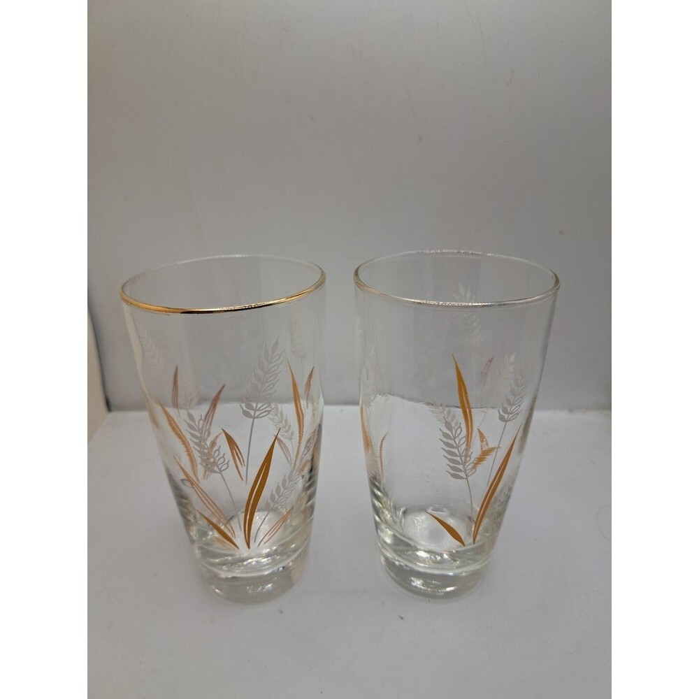 Vtg Libbey Wheat Sprays Gold Rims White Gold Pattern Clear 6” Tumblers Set of 2